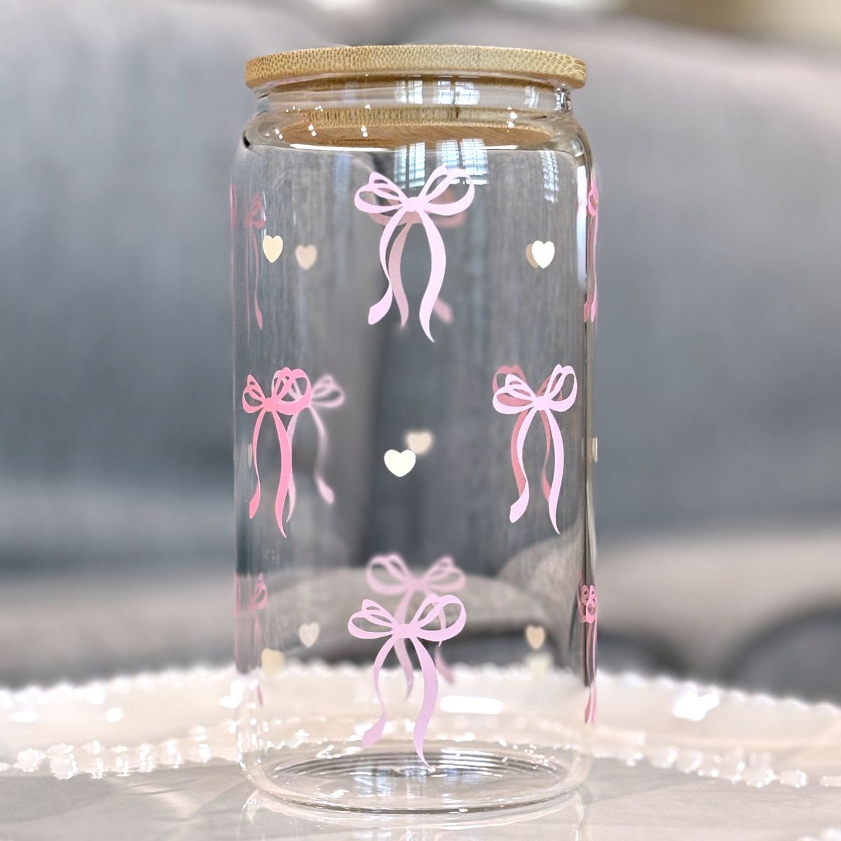 Cute Bow & Heart Glass Tumbler with Straw
