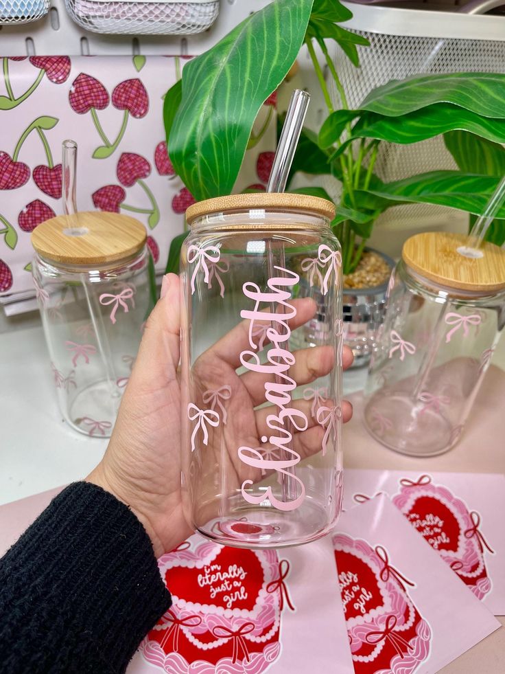 Cute Bow & Heart Glass Tumbler with Straw