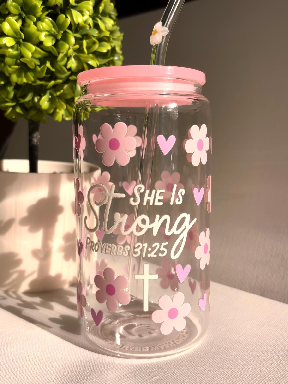 Floral Glass Tumbler with Straw
